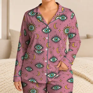 Celestial Eyes, Moons and Stars for Cozy Nighttime Lounging and Dreamy Gift Giving Satin Pajamas Set