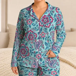 Vintage Aqua and Magenta Mandala Florals for Cozy Nights and Relaxed Evenings at Home Satin Pajamas Set