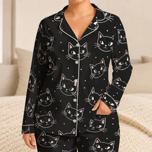 Minimal Sketch Cat Faces for Cozy Evenings and Whimsical Lounging, Gift for Her Satin Pajamas Set