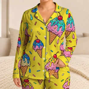 Colorful Dripping Ice Cream Cones For Cozy Dessert-Lover Lounging Satin Pajamas Set