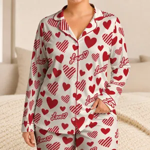 Red Heart and Love Lettering for Cozy Valentine's Evening at Home Relaxation Satin Pajamas Set