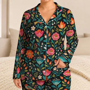 Colorful Folk Flowers and Birds for Cozy Everyday Lounging and Relaxed Weekends at Home Satin Pajamas Set