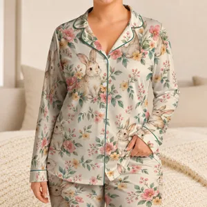 Watercolor Rabbit and Garden Blooms for Cozy Springtime Lounging Satin Pajamas Set