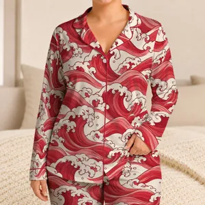 Crimson Japanese Ocean Waves for Cozy Evenings and Relaxed Lounging Satin Pajamas Set