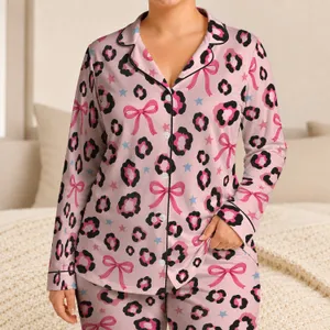 Blush Pink Leopard Spots and Bow Accents for Cozy Sweet-Edgy Giftable Evenings at Home Satin Pajamas Set