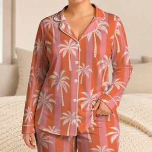 Coral Pink Palm Tree Stripes for Relaxed Tropical Beach Days and Getaways Satin Pajamas Set