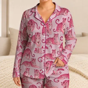 Soft Magenta Tigers for Cozy Lounge Evenings and Relaxed Weekend Mornings at Home Satin Pajamas Set