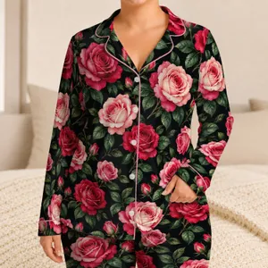 Pink Rose Blooms on Black for Romantic Evenings and Cozy Lounging Satin Pajamas Set