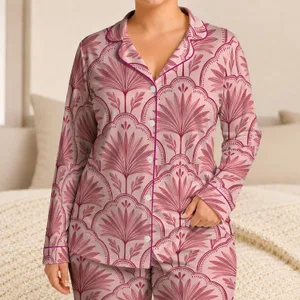Blush Pink Palm Fan Motifs for Relaxed Tropical Nights and Cozy Lounging Satin Pajamas Set