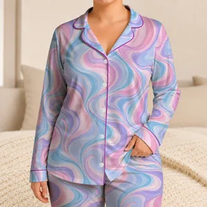 Pastel Pink Blue Marble Waves for Cozy Evening Lounging and Relaxed Weekend Comfort Satin Pajamas Set