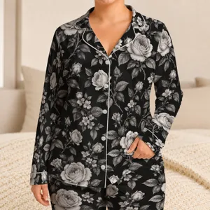 Monochrome Rose And Silver Foliage For Elegant Cozy Evenings At Home Satin Pajamas Set
