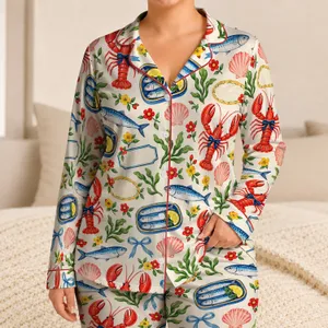 Coastal Lobsters and Sardines for Sunny Beach Getaways and Relaxed Summer Days Satin Pajamas Set