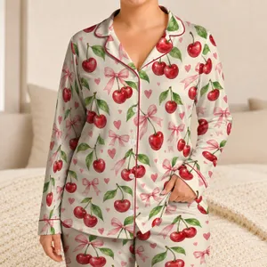 Watercolor Cherry And Ribbon Motifs For Cozy Summer Lounging And Sweet Gift Giving Satin Pajamas Set