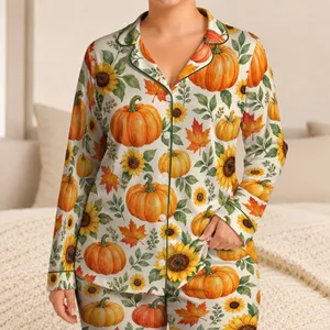 Autumn Pumpkins And Sunflowers For Cozy Harvest Season Lounging And Relaxed Fall Evenings Satin Pajamas Set