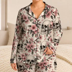 Skulls And Cherry Blossoms For Edgy Gothic Lounging And Cozy Evenings Satin Pajamas Set