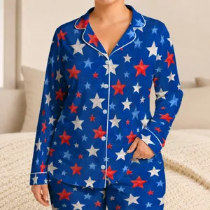 Red White Blue Star Confetti Celebration For Festive Fourth Of July Lounging At Home Satin Pajamas Set
