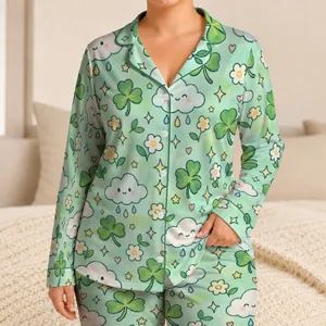 Mint Clover Cloud Motifs for Cozy Lounging and Relaxed Home Days Satin Pajamas Set