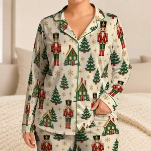 Nutcracker Soldiers and Evergreen Trees for Cozy Christmas Eve Lounging and Winter Gifting Satin Pajamas Set