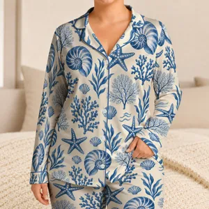 Blue Nautilus And Starfish For Relaxed Coastal Evenings By The Shore Satin Pajamas Set