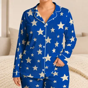 Ivory Stars On Cobalt Blue For Cozy Lounging And Relaxed Weekend Evenings Satin Pajamas Set