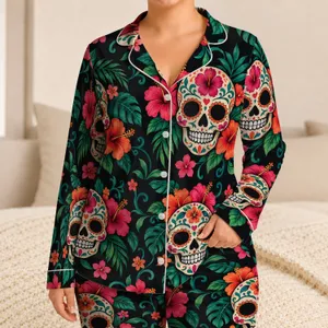 Floral Sugar Skull Motifs for Cozy Día de los Muertos Evenings and Relaxed Lounging Satin Pajamas Set