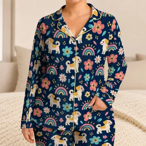 Cheerful Puppy, Rainbow And Flower Motifs For Relaxed Cozy Evenings At Home, Women Satin Pajamas Set