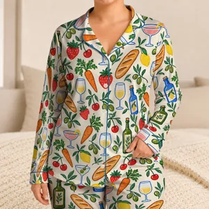 Hand Drawn Food and Drink Motifs for Cozy Brunch Lovers and Culinary Enthusiasts Satin Pajamas Set