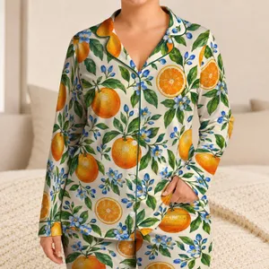 Orange Citrus and Blue Blossom Motif for Fresh, Cheerful Lounging and Relaxation Satin Pajamas Set