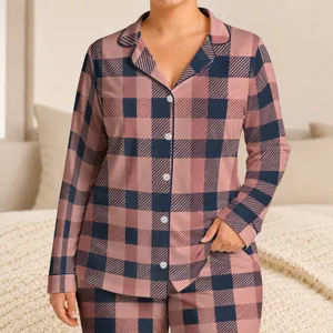 Vintage Pink Navy Plaid for Cozy Lounging and Relaxed Evenings at Home Satin Pajamas Set