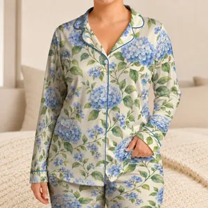 Blue Hydrangea Vine Blooms for Relaxed Cottagecore Evenings and Thoughtful Gifting Satin Pajamas Set