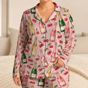 Watercolor Champagne Bottles and Cherries for Festive Holiday Lounging and Relaxation Satin Pajamas Set