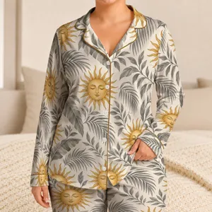 Golden Sun Faces And Tropical Leaves For Relaxed Bohemian Vacation Style Satin Pajamas Set