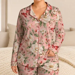 Blush Pink Blooms And Red Butterflies For Dreamy Cozy Evenings Satin Pajamas Set