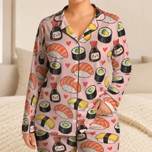 Whimsical Sushi And Cute Soy Bottles For Cozy Evenings And Foodie Gifts Satin Pajamas Set
