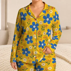 Blue Wildflowers And Sunny Yellow Blooms For Cheerful Everyday Lounging Satin Pajamas Set