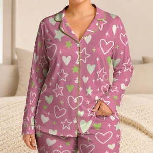 Soft Pink Hearts and Stars for Cozy Valentine's Evening Relaxation for Her at Home Satin Pajamas Set