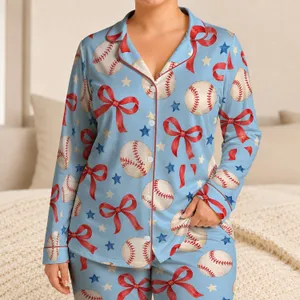 Watercolor Baseballs, Red Bows & Stars for Cozy Game Day Lounging and Gift Giving Satin Pajamas Set