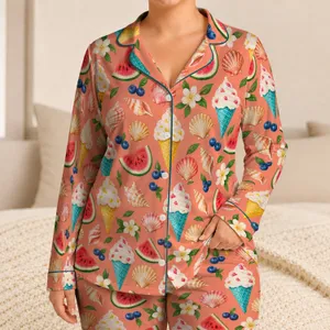 Ice Cream Cones, Watermelon And Seashells For Cheerful Summer Lounging At Home Satin Pajamas Set