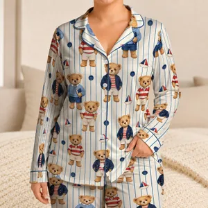 Preppy Teddy Bears in Blue Stripes for Cozy Weekend Lounging and Thoughtful Gift Giving Satin Pajamas Set