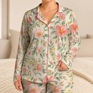 Watercolor Pink Blossoms for Cozy Spring Evenings and Relaxed Home Days, Gift for Her Satin Pajamas Set