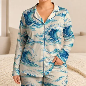 Watercolor Ocean Waves for Relaxing Coastal Nights and Easygoing Women Satin Pajamas Set