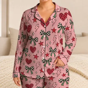 Y2K Leopard Heart And Checkerboard Bow Sleepover Lounge Style For Women And Teens Satin Pajamas Set