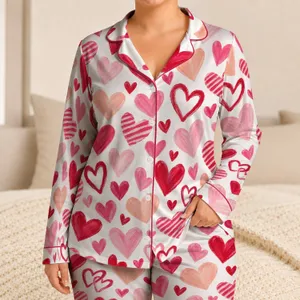 Mixed Pink And Red Hand-Painted Hearts For Cozy Valentine Nights And Sweet Lounging Satin Pajamas Set
