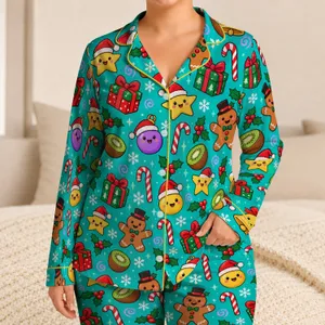 Gingerbread Men and Candy Canes for Cheerful Christmas Holiday Lounging Satin Pajamas Set