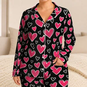 Bold Raspberry Hearts for Cozy Valentine Evenings and Everyday Lounging Satin Pajamas Set