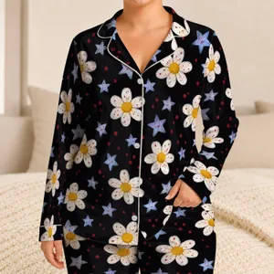 White Daisy And Blue Star Motifs For Playful Everyday Comfort And Relaxed Lounging Satin Pajamas Set