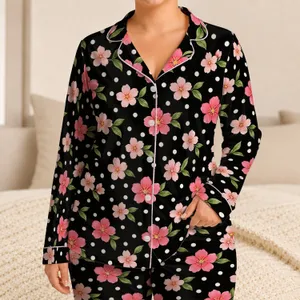 Pink Cherry Blossoms and Ivory Polka Dots for Cozy Springtime Lounging Satin Pajamas Set