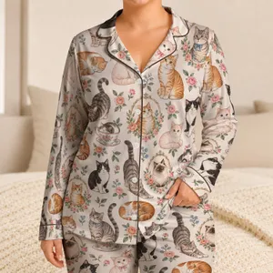 Hand Drawn Cat Cameos for Cozy Evenings and Quiet Weekends, A Gift for Cat Lovers Satin Pajamas Set