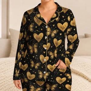 Golden Hearts and Butterflies for Cozy Springtime Relaxing at Home for Women Daily Satin Pajamas Set