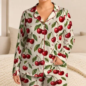 Glossy Red Cherries and Green Leaves for Cozy Weekend Lounging and Relaxed Home Days Satin Pajamas Set